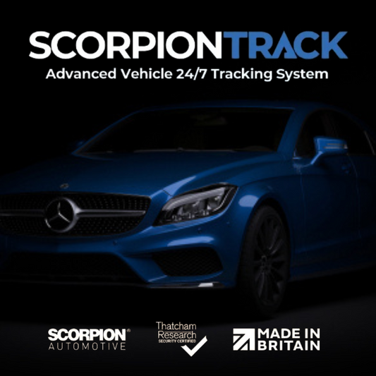 Blue Mercedes A Class on a black background with scorpiontrack logo